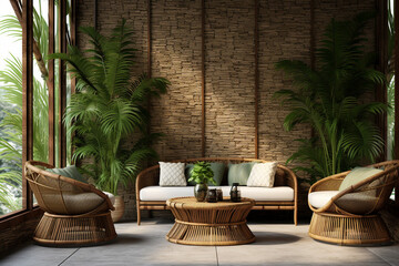 A 3D woven bamboo wall pattern in a tropical sunroom with floor-to-ceiling windows and lush...