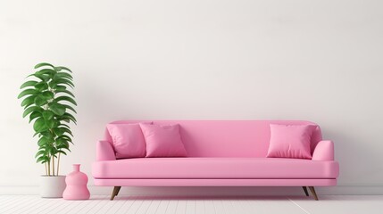 The living room has a pink sofa and a copy space