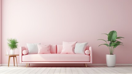 The living room has a pink sofa and a copy space