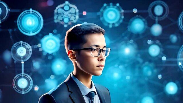 Young business Student with holographic Particles, Round Neon light. Young business Teen Suit man Cyberspace with lots of data Digital hologram. Sci-fi blue background
