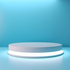 Podium of an round shape against a light blue wall with beautiful backlighting. Trendy modern background for presentation.