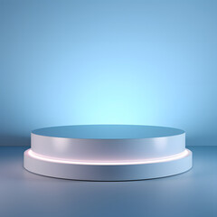 Podium of an round shape against a light blue wall with beautiful backlighting. Trendy modern background for presentation.