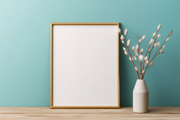 A charming birch frame on a muted turquoise wall, presenting a blank gold mockup, bathed in a warm beige light, empty blanked mockup, 8k,