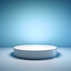 Podium of an round shape against a light blue wall with beautiful backlighting. Trendy modern background for presentation.