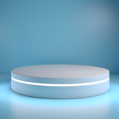 Podium of an round shape against a light blue wall with beautiful backlighting. Trendy modern background for presentation.