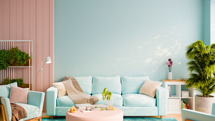 Front shoot of a living room with warm bright colors with a option for a wall mockup, 3d render.