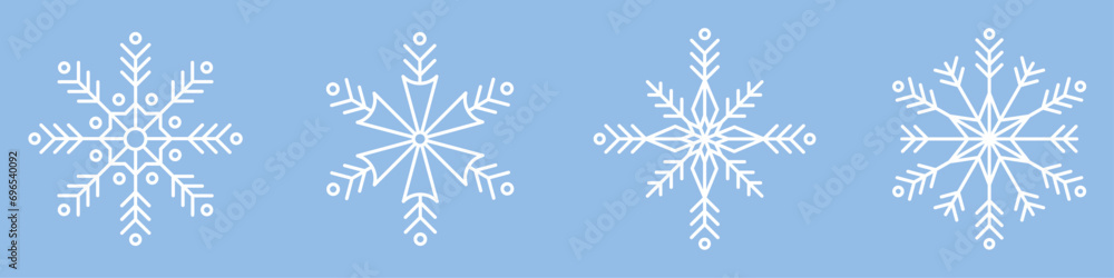 Poster Snowflake set in different shapes and forms on isolated background. Frost winter background. Christmas, new year icon. Vector illustration. Falling snow, snowfall isolated on blue background.