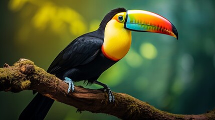 The toucan is perched on a branch in multicolor.