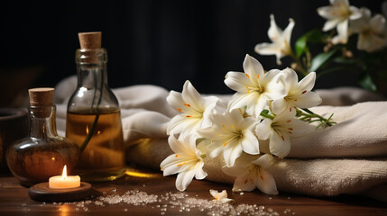 Obraz na płótnie Canvas Spa relax massage home body care White towels oil