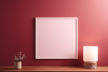 A classic cedar frame on a deep pink wall, showcasing a blank silver mockup, lit by a subtle green illumination, empty blanked mockup, 8k,