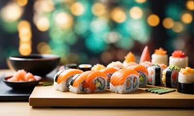 Sushi fresh sasimi on wooden table with bokeh background