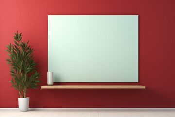 A delicate beech frame on a bright olive wall, with a blank crimson mockup, set in a gentle emerald light, empty blanked mockup, 8k,