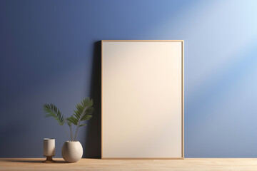 A contemporary spruce frame on a pastel tan wall, holding a blank indigo mockup, under a cool grey spotlight, empty blanked mockup, 8k,
