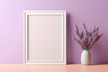 A delicate beech frame on a bright lavender wall, with a blank sage mockup, set in a gentle coral...