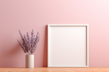 A delicate beech frame on a bright lavender wall, with a blank sage mockup, set in a gentle coral...