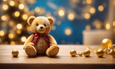 Toy bear and decorations with defocused background with golden bokeh