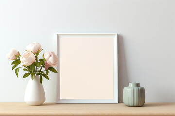 A hand-polished hickory frame on a serene eggshell wall, showcasing a blank pistachio mockup, highlighted by a soft rose light, empty blanked mockup, 8k, - obrazy, fototapety, plakaty