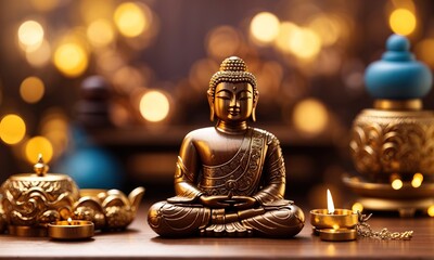 Wooden budha man and decorations with defocused background with golden bokeh