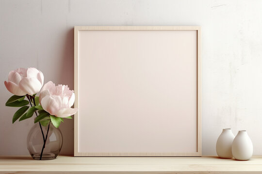 A hand-polished hickory frame on a serene eggshell wall, presenting a blank pistachio mockup, highlighted by a soft rose glow, empty blanked mockup, 8k,