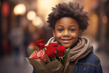 child holding flower. Smiling boy with an African-American hairstyle, walking down a city street, holding a bouquet of flowers in his hands. - Powered by Adobe