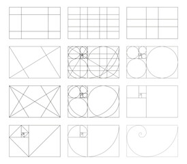Golden ratio template. Method golden section. Set of harmony proportions rectangles. Vector outline illustration. Fibonacci array, numbers. Collection of golden proportions. - obrazy, fototapety, plakaty