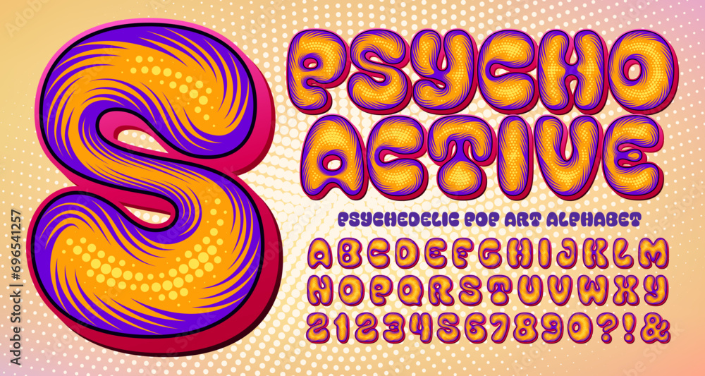 Poster psychoactive: an intricate soft and pillowy psychedelic alphabet style with zig zag line detailing, 