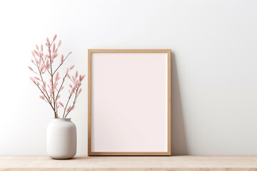 Fototapeta na wymiar A minimalist light oak frame on a pure white wall, holding a blank ash-gray mockup, illuminated by a soft pink glow, empty blanked mockup, 8k,