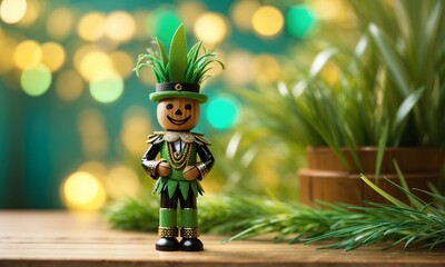 wooden table, toy wooden person wearing mardi grass costume and mardi grass decorations with defocused background with bokeh