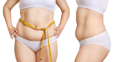 Collage of fat woman measuring her body by measuring tape.
