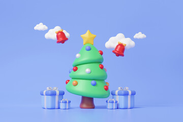 Christmas tree with gift box merry christmas and happy new year promotion banner xmas festive design elements minimal cartoon style. 3d rendering illustration