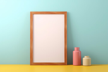 A polished redwood frame on a soft powder blue wall, holding a blank ruby mockup, under a bright opal spotlight, empty blanked mockup, 8k,