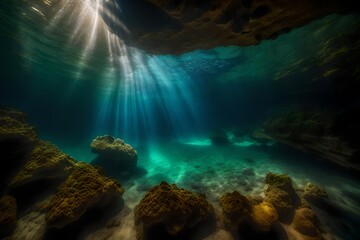 A peaceful underwater cave with beams of sunlight filtering through - obrazy, fototapety, plakaty