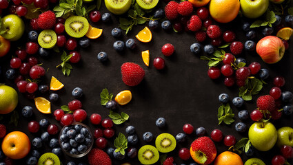 Fototapeta na wymiar various fruits and berries on a dark background