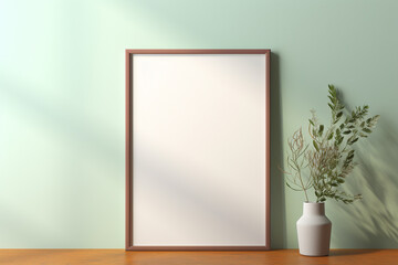 A quaint larch frame on a pastel green wall, featuring a blank platinum mockup, accented with a warm bronze glow, empty blanked mockup, 8k,