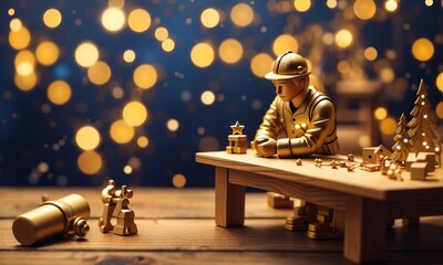 Toy wooden worker man and decorations with defocused starry night background with golden bokeh - obrazy, fototapety, plakaty