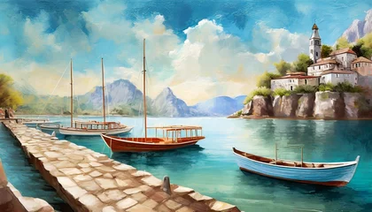 Türaufkleber boats at the pier digital illustration wallpaper on the wall the fresco © Raegan