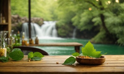 wooden table, tree leaf and kitchen decorations with defocused green river waterfall with golden bokeh