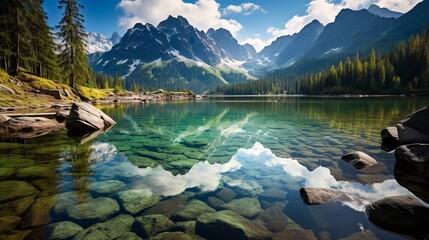 The tatra national park in poland is regarded as one of the most famous mountain ranges, lake morskie oko or sea eye lake in the high tatras valley. - obrazy, fototapety, plakaty