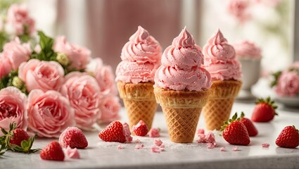 Obraz na płótnie Canvas Sumptuous Strawberry Ice Cream Cones on a Table: A High-Quality Product Photograph