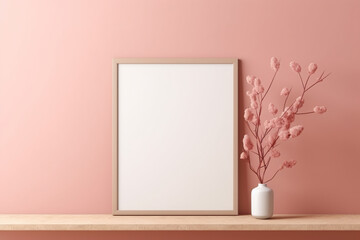 Fototapeta na wymiar A simple alder frame on a pale coral wall, holding a blank topaz mockup, highlighted by a muted maroon hue, empty blanked mockup, 8k,