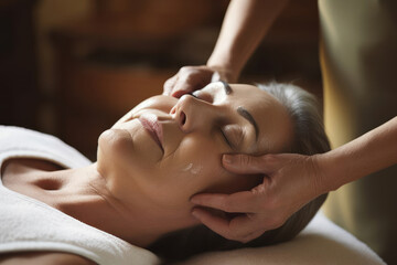 gray-haired lady in a massage parlor receives a facial massage. Cosmetic procedures to smooth out wrinkles.