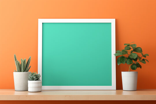 A simple alder frame on a vibrant tangerine wall, showcasing a blank indigo mockup, highlighted by a muted jade hue, empty blanked mockup, 8k,