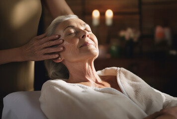 An elderly woman in a massage parlor. Massage therapist doing facial and head massage to mature woman.