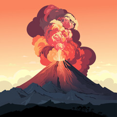 Vector landscape panorama of mountains with a smoking explosion of a volcano, a crater and erupting liquid magma, rocks and trees. Mountain Volcano Crater Hot Natural Disaster And Explosion - obrazy, fototapety, plakaty