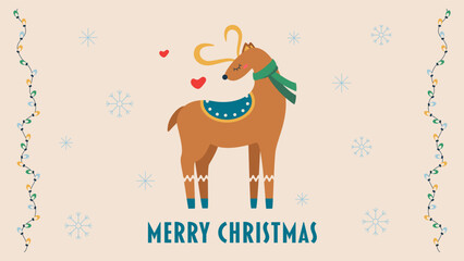 Postcard with text merry christmas, deer, snowflake, garland.