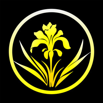 Simple gradient yellow gold iris flower logo on isolated black background