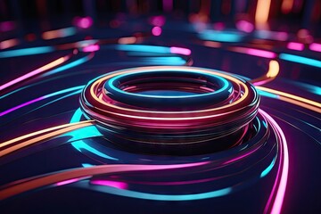 3d render, Abstract background of dynamic neon lights glowing in the dark, floor reflection