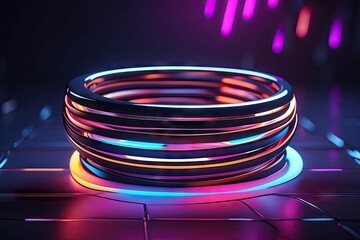 3d render, Abstract background of dynamic neon lights glowing in the dark, floor reflection