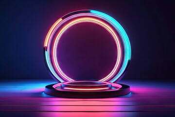 3d render, Abstract background of dynamic neon lights glowing in the dark, floor reflection