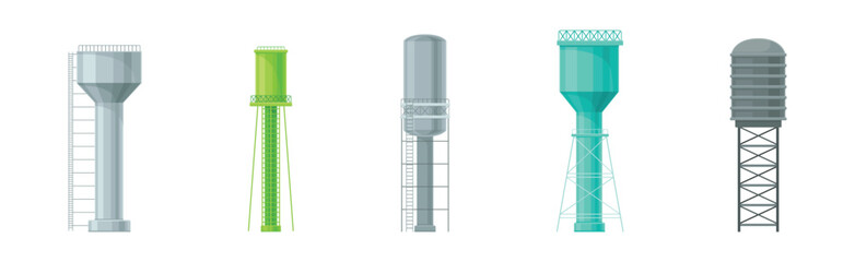 Tall Water Tower with Metal Tank for Liquid Storage Vector Set